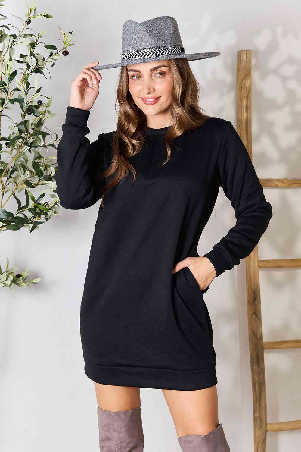 Double Take Round Neck Long Sleeve Mini Dress with Pockets